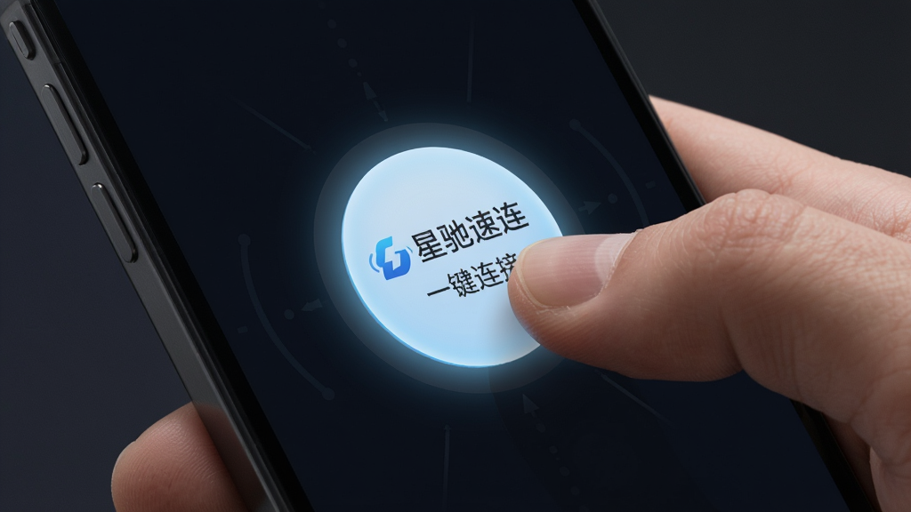 一张以手机操作为核心的展示图,画面中一只手拿着手机,拇指正点击屏幕中央的圆形连接按钮,按钮上显示“星驰速连”的图标和“一键连接”字样,布局为特写镜头,风格为写实科技风,细节上按钮发出淡蓝色光晕,手机背景为深色,画质高清、干净、无多余元素