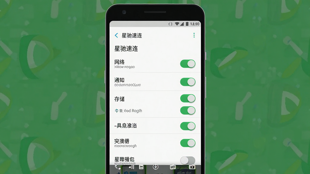 一张以手机设置界面为主题的示意图,画面中展示安卓手机的权限管理页面,页面上有“星驰速连”的权限开关列表,包括网络、通知、存储等选项,布局为竖版手机截图风格,风格为扁平化UI展示,细节上开关按钮有绿色和灰色状态对比,背景为白色,画质清晰、干净、无多余元素