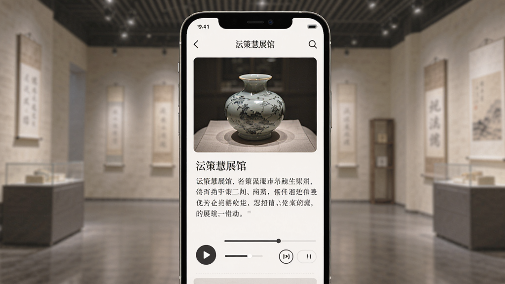 一部手机屏幕显示策慧展馆的展品详情页面,页面中有展品高清图片、文字介绍区域和音频播放控制条,布局为上下结构,风格为简洁文化风,细节包括播放按钮、进度条和倍速选项,画质高清,干净,无多余元素