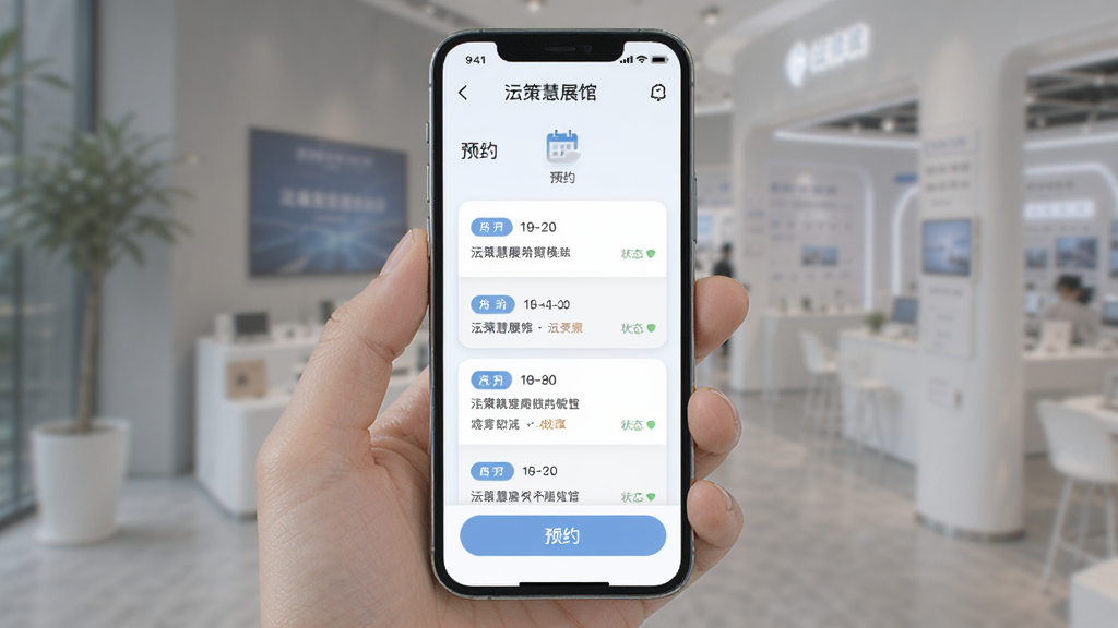 一部手机屏幕展示策慧展馆的活动预约页面,页面中有活动列表卡片、日历图标和预约按钮,布局为纵向列表,风格为清新浅色商务风,细节包括时间标签、地点文字和状态提示,画质高清,干净,无多余元素
