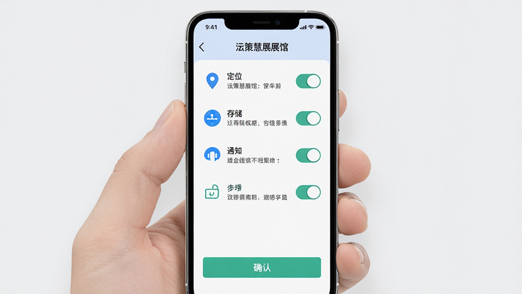 一部手机屏幕显示策慧展馆的权限设置引导页面,页面中有定位、存储、通知等权限开关图标,布局为纵向列表,风格为简洁明快风,细节包括权限说明文字和确认按钮,画质高清,干净,无多余元素