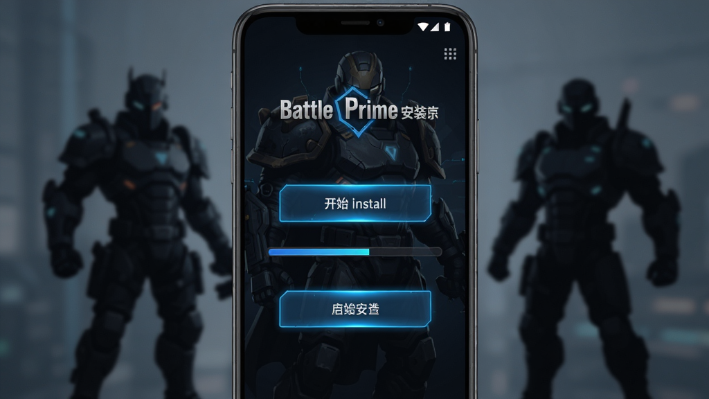 一张展示Battle Prime安装器界面的手机预览图,主体为一部竖屏安卓手机,屏幕中央显示安装器主界面,界面顶部有Battle Prime安装器字样,下方有开始安装按钮和进度条,布局简洁清晰,风格为科技感深色主题,细节包括蓝色光效按钮和游戏角色剪影背景,画质高清,干净,无多余元素