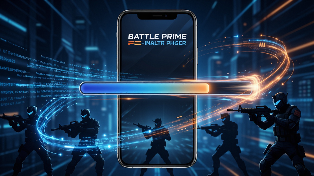 一张展示Battle Prime安装器极速部署功能的宣传图,主体为手机屏幕中安装进度条飞速前进,周围环绕着数据流和速度线条,布局采用居中构图,风格为动感科技风,细节包括蓝色和橙色的光效、游戏角色持枪剪影,画质高清,干净,无多余元素