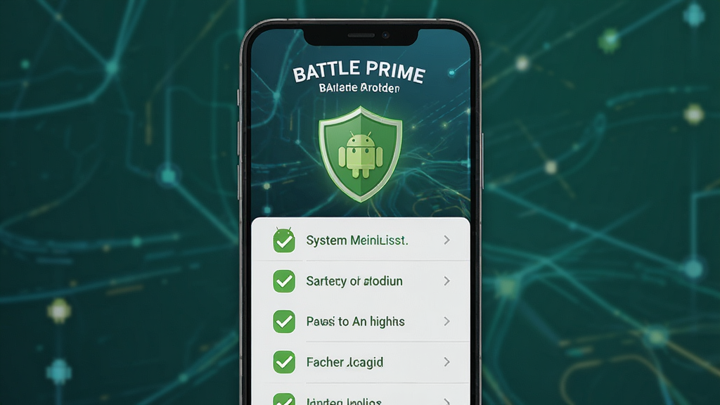 一张展示Battle Prime安装器安全检测界面的示意图,主体为手机屏幕显示绿色盾牌图标和系统检测列表,布局为列表式排版,风格为安全防护风格,细节包括勾选标记、安卓机器人小图标,画质高清,干净,无多余元素