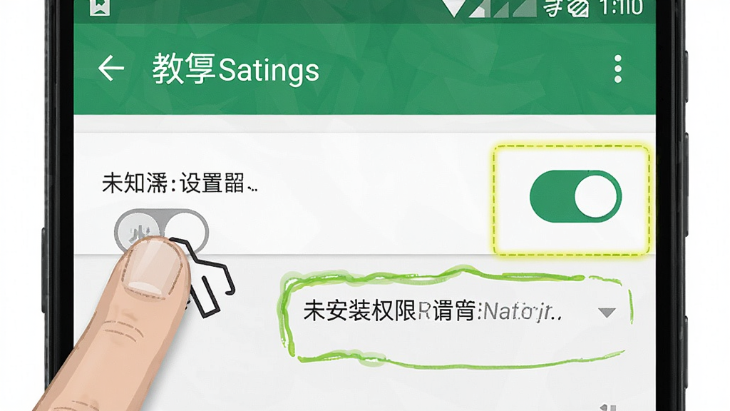 一张展示手机安装权限设置界面的示意图,主体为安卓系统设置页面中未知来源开关被打开,布局为上下结构,风格为教程指引风,细节包括手指点击开关的图标、高亮提示框,画质高清,干净,无多余元素