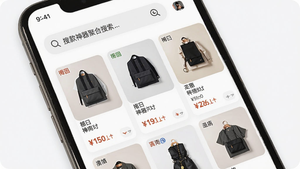 手机应用界面展示搜款神器聚合搜索功能,主体为手机屏幕特写,布局上方为搜索框下方为多列商品卡片,排版整齐,风格为清爽浅色系UI,细节包含不同档口标识与价格对比标签,画质清晰,干净,无多余元素