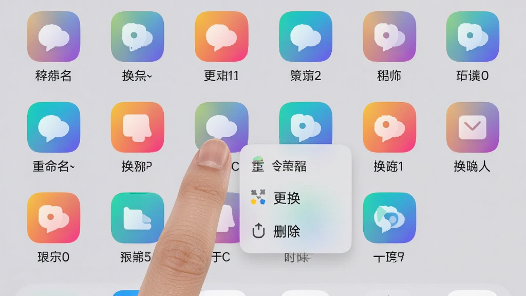 手机桌面俯视图,桌面上排列着多个由快捷换图标大师生成的快捷方式图标,每个图标下方有自定义名称标签,一个手指正在长按其中一个图标弹出编辑菜单,菜单中包含重命名、更换图标、删除等选项,背景是浅灰色桌面壁纸,图标风格统一为圆角方形彩色渐变,整体画面干净整洁,画质清晰,无杂乱元素