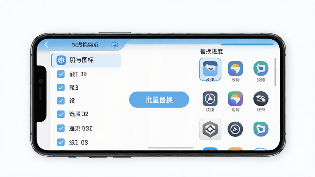 一部手机屏幕显示快捷换图标大师的批量操作界面,左侧是应用列表带勾选框,右侧是已选应用预览区,中间有一个醒目的“批量替换”按钮,屏幕上方有进度条显示替换进度,界面配色以白色和天蓝色为主,布局为左右分栏式,风格简约商务,画质清晰,细节到位,无多余元素