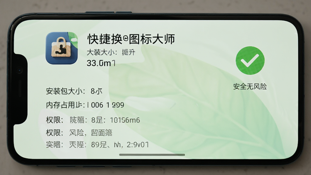 手机屏幕显示快捷换图标大师的应用信息页面,页面上清晰标注着安装包大小、内存占用、权限列表等数据,旁边有一个绿色的对勾图标表示安全无风险,背景是淡雅的浅绿色渐变,整体风格清新自然,布局简洁明了,画质高清,无多余元素,画面中不要出现具体数字