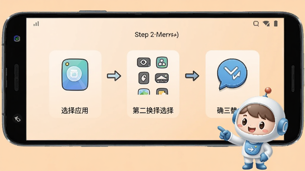 一部安卓手机屏幕显示快捷换图标大师的操作步骤引导页面,页面分为三个步骤图示,第一步选择应用,第二步选择图标,第三步确认替换,每一步配有简洁的图标示意和箭头引导,手机旁边有一个卡通风格的小助手角色正在指引操作,背景是柔和的浅橙色,整体风格亲切友好,布局清晰,画质干净,无多余元素