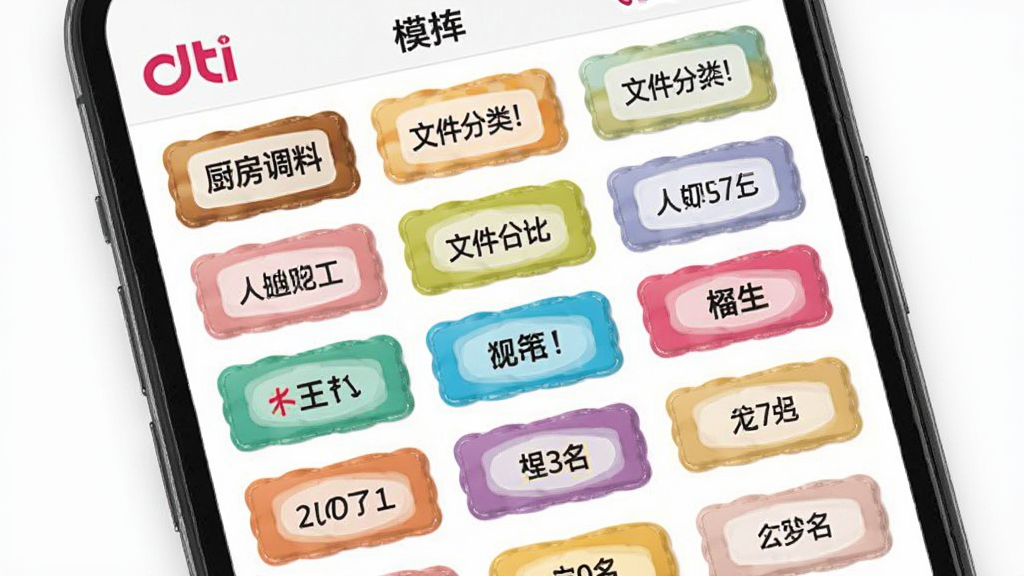 得力趣贴贴模板库界面,手机屏幕展示多个标签模板缩略图,包括厨房调料标签、文件分类标签、姓名贴等,色彩丰富多样,布局整齐,风格清新,画质清晰,干净无多余元素