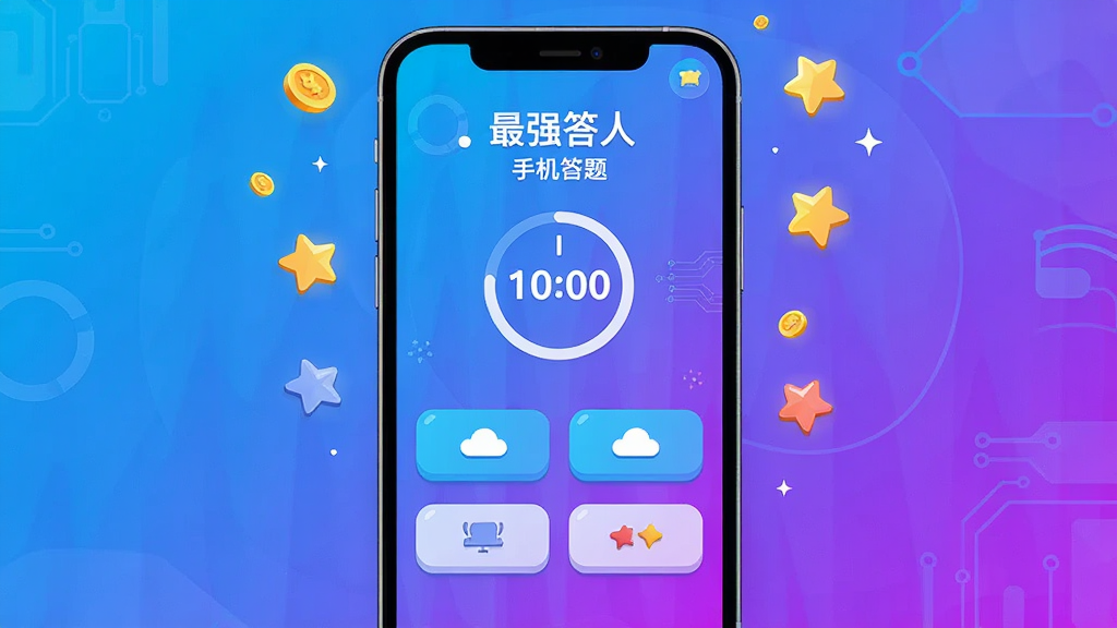 最强答人手机答题应用界面,主体为竖屏手机屏幕展示答题界面,布局居中,上方显示题目文字和倒计时圆圈,下方四个选项按钮整齐排列,屏幕背景为明亮的蓝紫色渐变,风格为扁平化卡通科技感,细节包含悬浮的金币和星星装饰,画质高清,干净,无多余元素