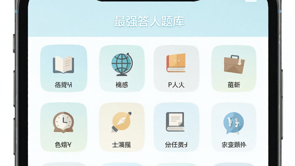 最强答人题库界面,主体为手机屏幕中展示多个分类图标,布局为网格排列,每个图标下方有文字标签,排版整齐,风格为清新浅色扁平化,细节包含书本、地球、灯泡等小图标,画质高清,干净,无多余元素