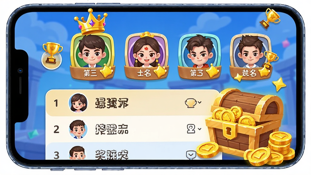 最强答人排行榜与奖励界面,主体为手机屏幕显示排行榜列表和金币宝箱,布局上方为前三名头像展示,下方为列表,排版清晰,风格为活泼卡通,细节包含皇冠、奖杯、金币堆叠元素,画质高清,干净,无多余元素