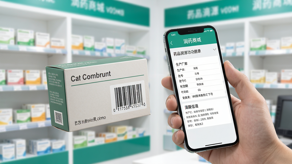 润药商城药品溯源功能展示图,画面主体是一只手拿着手机扫描药盒上的条形码,手机屏幕显示药品的详细溯源信息页面,包括生产厂家、批号、有效期等。背景为明亮的药房货架,布局采用居中构图,风格为写实摄影风格,细节上突出药盒与手机屏幕的清晰质感,画质细腻,干净无杂物。