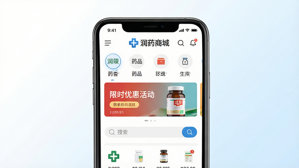 润药商城手机应用主界面展示,画面中央是一部现代智能手机,屏幕内显示润药商城APP的首页,包含药品分类导航栏、限时优惠活动横幅和搜索框。背景为干净的纯白色与浅蓝色渐变,布局简洁明了,排版清晰有序,风格为现代扁平化UI设计,细节上突出医药蓝十字标志与“润药商城”四个中文字,画质高清,画面干净,无多余元素。