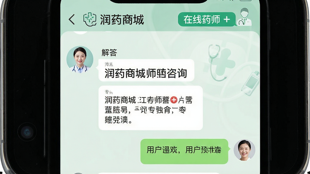 润药商城在线药师咨询界面,画面展示手机聊天窗口,左侧为药师头像与专业解答文字,右侧为用户提问,界面顶部显示“润药商城”与“在线药师”标识。背景为淡绿色医疗风格,布局为对话气泡式排版,风格为清新简约UI设计,细节上突出对话内容的专业感与亲和力,画质清晰,干净整洁。