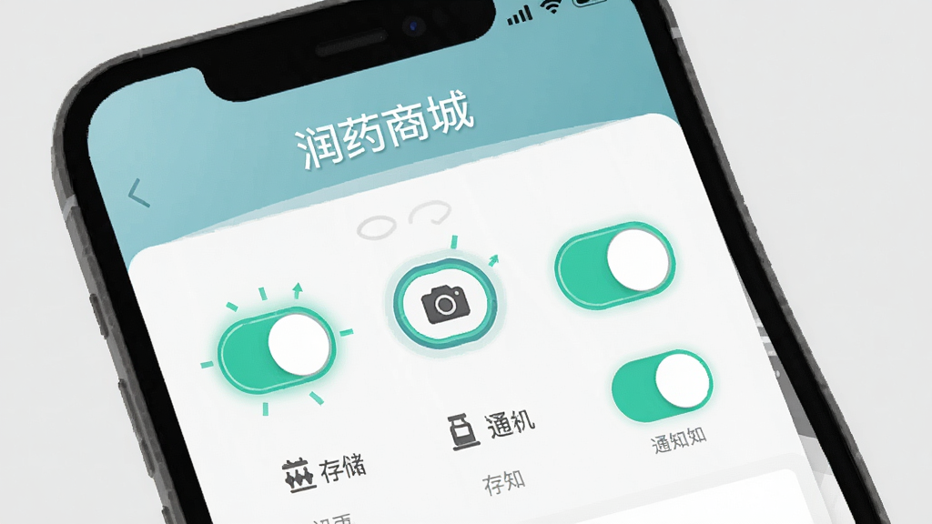 润药商城移动端操作指引示意图,画面为一部手机屏幕特写,屏幕上显示“润药商城”APP的权限设置页面,有存储、相机、通知三个开关按钮,旁边配有小图标说明。背景为浅灰色,布局为居中展示,风格为扁平化信息图,细节上突出开关按钮的高亮状态,画质清晰,画面干净,无多余装饰。