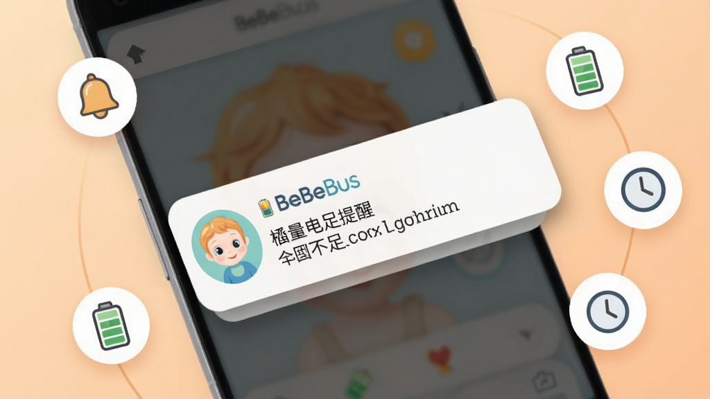 BeBeBus智能提醒功能展示图,画面中央一部安卓手机弹出通知卡片,卡片上显示BeBeBus图标与电量不足提醒文字,手机周围环绕铃铛、电池、时钟等小图标,背景为柔和的浅橙色渐变,风格清新明快,细节包括通知卡片的圆角设计与阴影层次,画质高清干净,无多余元素
