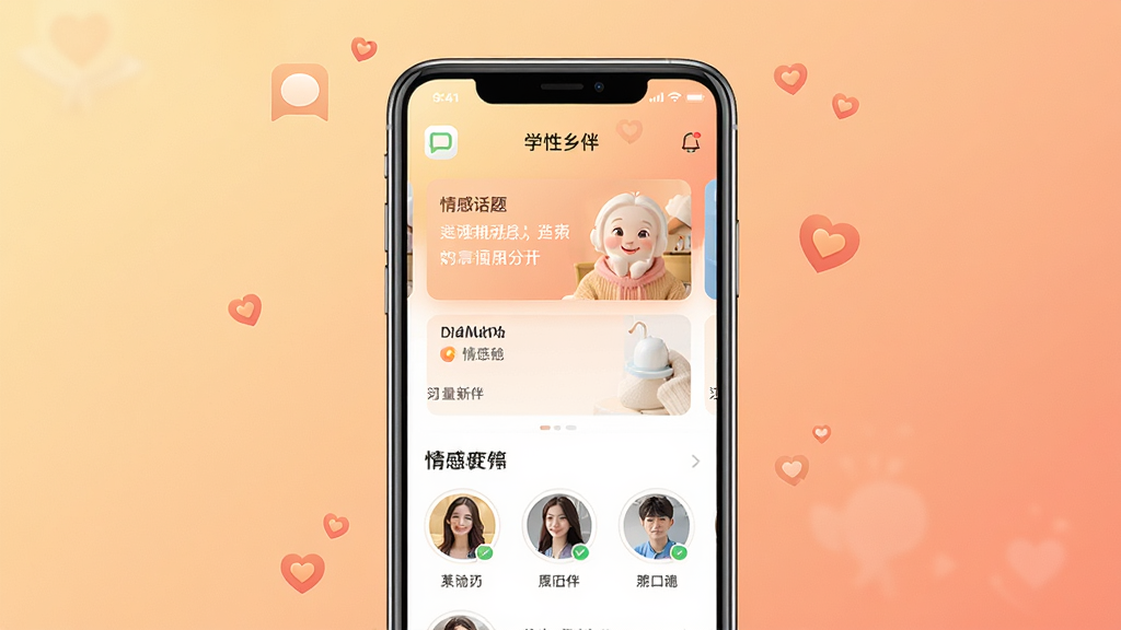 一张展示两性乡伴应用主界面的手机样机图,画面中央是一部现代智能手机,屏幕上显示着应用首页,包含情感话题卡片和用户头像列表,背景为柔和的暖色调渐变,布局居中对称,风格温馨简约,细节上突出聊天图标和心形装饰元素,画质高清,干净无多余元素