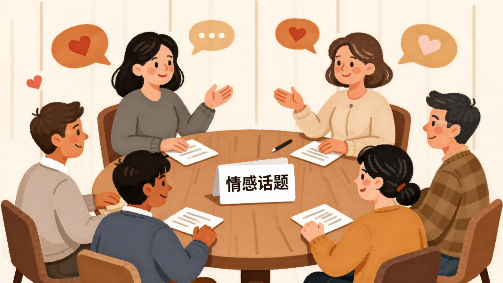 一幅描绘两性乡伴情感话题社区的插画,画面主体是一个圆形讨论桌,周围坐着不同年龄的男女用户正在友好交流,桌上放着写有“情感话题”的卡片,布局采用中心辐射式,风格扁平化温暖,细节包括对话气泡和爱心图标,画质清晰,背景干净无杂乱元素