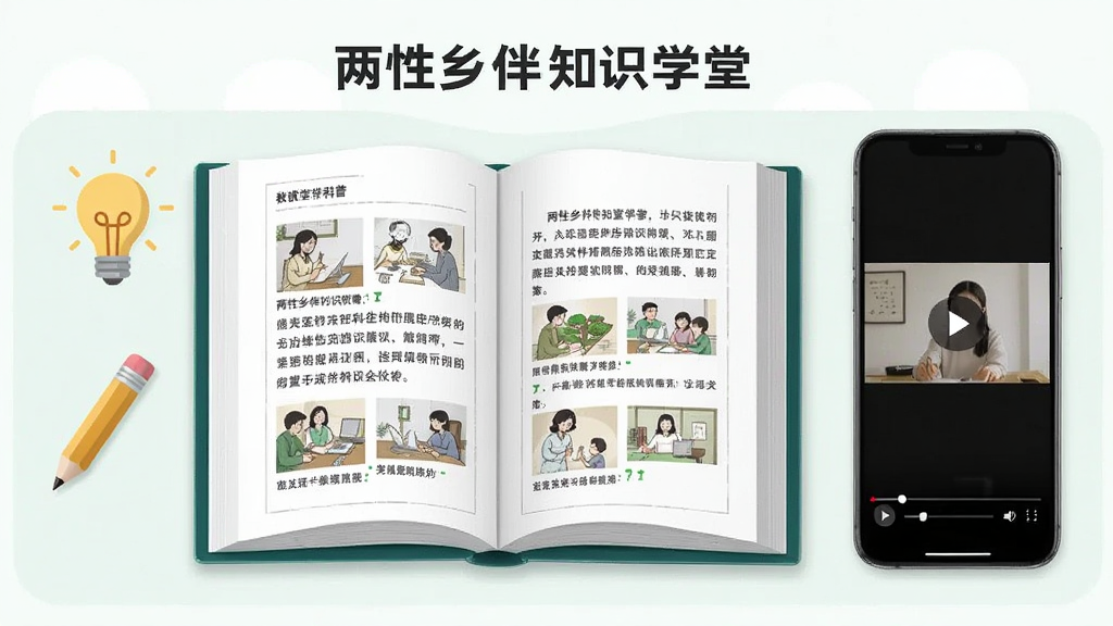 一幅展示两性乡伴知识学堂的界面图,画面主体是一本翻开的电子书,书页上显示着图文并茂的科普内容,旁边有一部手机展示视频播放界面,布局采用左右分栏,风格清新教育风,细节包括书本旁的铅笔和灯泡图标,画质清晰,干净无多余元素