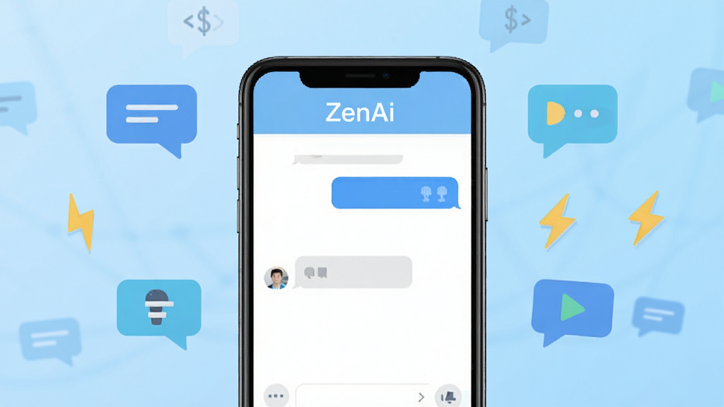 ZenAi 软件主界面展示,画面中央为手机屏幕,屏幕内显示简洁的对话聊天界面,顶部有
