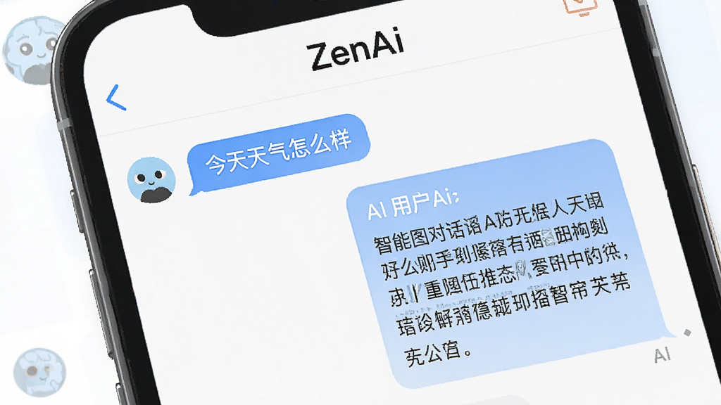ZenAi 智能对话功能展示,画面为手机屏幕特写,屏幕中显示用户与AI的对话气泡,左侧为用户提问