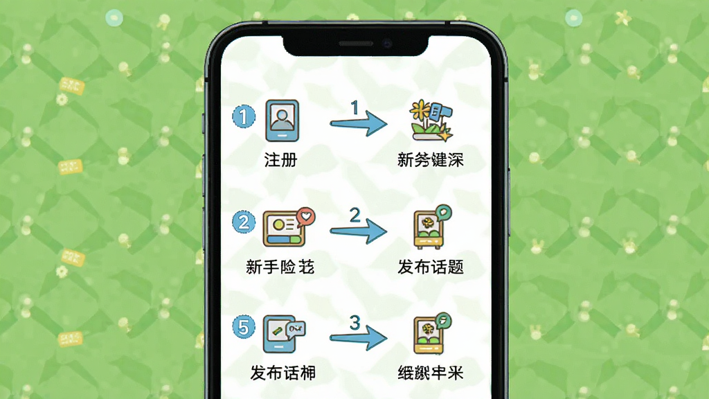 一张两性乡伴新手操作指引的示意图,画面主体是一部手机屏幕,屏幕上用箭头和数字标注了从注册到发布话题的各个步骤,布局采用流程图形式,风格简洁明快,细节上每个步骤旁有小图标辅助说明,画质高清,背景干净无多余元素