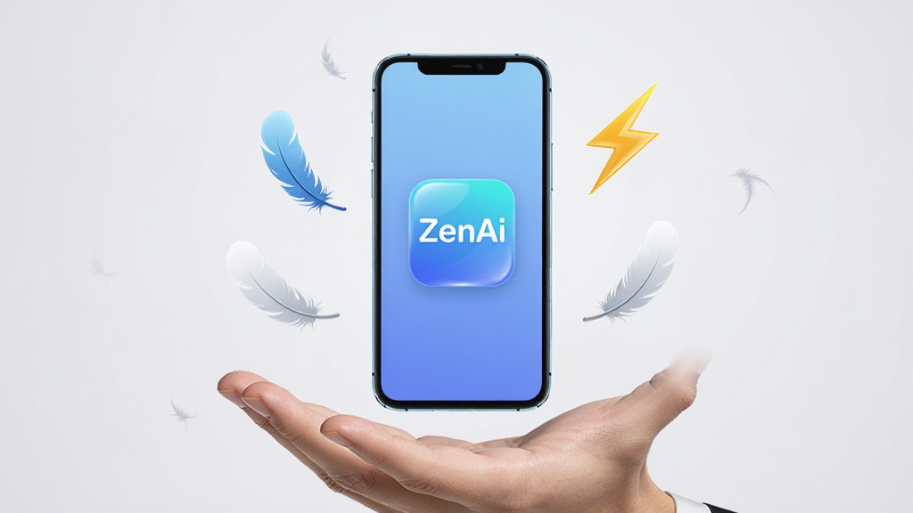 ZenAi 轻量运行概念图,画面为一部智能手机悬浮在手掌上方,手机屏幕显示
