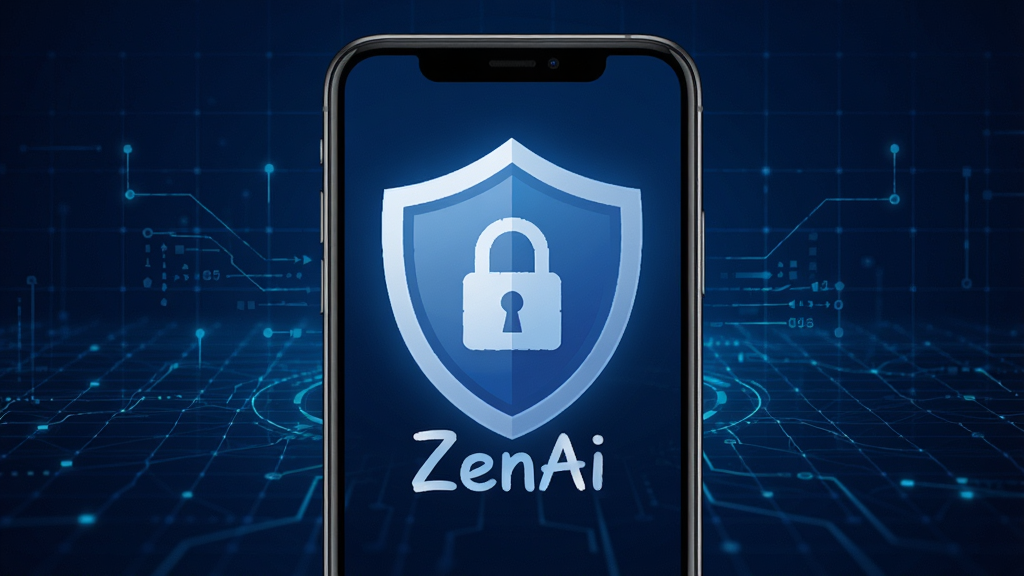 ZenAi 隐私安全保护示意图,画面为手机屏幕显示盾牌图标和