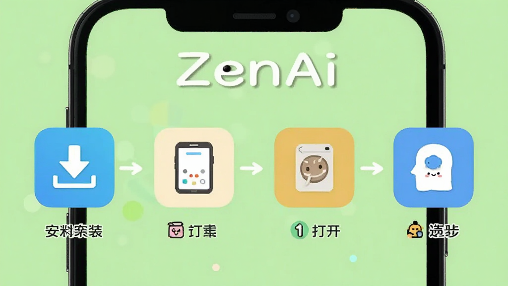 ZenAi 新手操作流程图,画面为手机屏幕展示安装步骤,从下载到打开应用的四个步骤图标,屏幕上方有