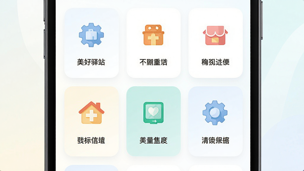 画面主体为美好驿站应用的功能聚合界面,布局为手机屏幕特写居中,屏幕内展示多个功能卡片整齐排列,排版采用上下结构,风格为清新简约的插画风,细节上每个卡片配有不同颜色的图标和简短文字标签,背景为浅色渐变,画质高清干净无多余元素