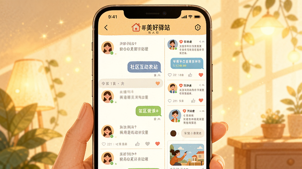 画面主体为美好驿站社区互动界面,布局为手机屏幕展示聊天列表和帖子流,排版为左右分栏示意,风格为温暖生活化插画,细节上包含用户头像、对话气泡和点赞图标,背景有柔和暖色光,画质高清干净无多余元素