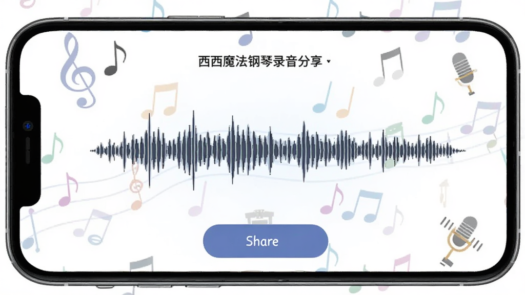 西西魔法钢琴录音分享功能界面,手机屏幕显示录音波形与分享按钮,背景有音符和麦克风图标装饰,风格简洁现代,画质清晰,干净无多余元素。