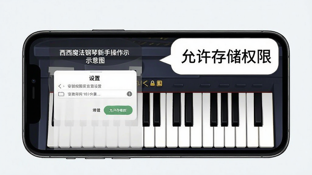 西西魔法钢琴新手操作示意图,手机屏幕显示安装权限设置界面与钢琴键盘,旁边有提示气泡标注“允许存储权限”,背景简洁,风格清晰,画质干净无多余元素。