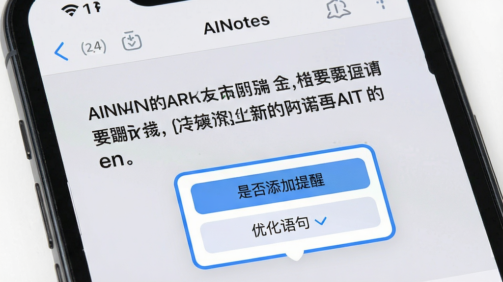 一部手机屏幕显示AINotes编辑界面,界面中有一段文字,文字下方有AI智能建议的浮动卡片,卡片上写着“是否添加提醒”和“优化语句”的按钮。布局为手机正面展示,排版清晰,风格为现代扁平化UI设计,细节上界面背景为浅灰色,文字为深黑色,AI卡片为蓝色边框。画质高清,干净,无多余元素,屏幕中可见“AINotes”字样。
