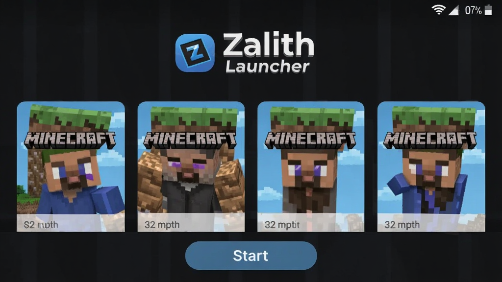 一张展示 Zalith Launcher 安卓启动器主界面的预览图,画面中央是深色主题的启动器面板,顶部显示 Zalith Launcher 标志,中部排列着多个 Minecraft 版本卡片,底部有启动按钮,整体布局清晰,风格科技感十足,细节精致,画质高清,干净,无多余元素