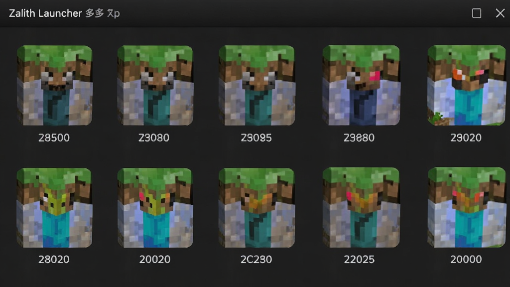 一张 Zalith Launcher 多版本管理界面的展示图,画面中并排陈列着多个 Minecraft 版本图标,每个图标下方标注版本号,界面背景为深灰色,排版整齐,风格简约现代,细节清晰,画质高清,干净,无多余元素