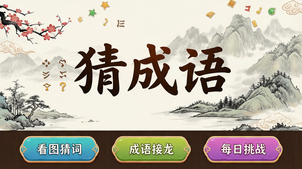 一张展示猜成语软件主界面的图片,画面中央是醒目的游戏标题“猜成语”,背景为淡雅的中国风水墨山水,界面下方排列着看图猜词、成语接龙、每日挑战等彩色功能按钮,整体布局清晰,风格古风卡通,细节丰富,画质高清,干净无多余元素