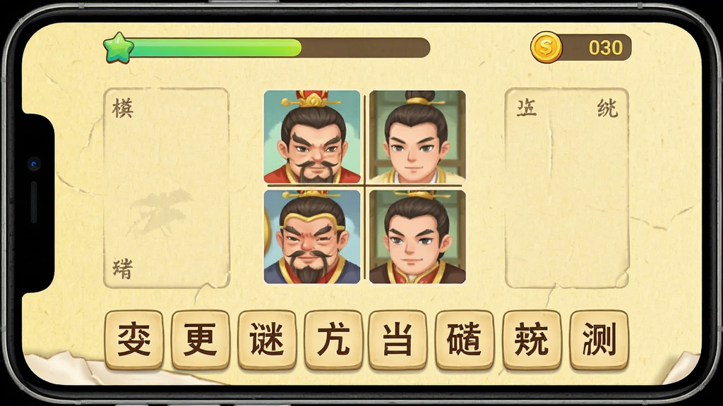 一张手机屏幕截图风格的图片,画面中显示猜成语游戏答题界面,顶部有进度条和金币数,中间是四幅小图组合的谜面,下方有十二个待选汉字方块,界面背景为浅黄色纸张纹理,风格清新简洁,画质清晰,无多余装饰
