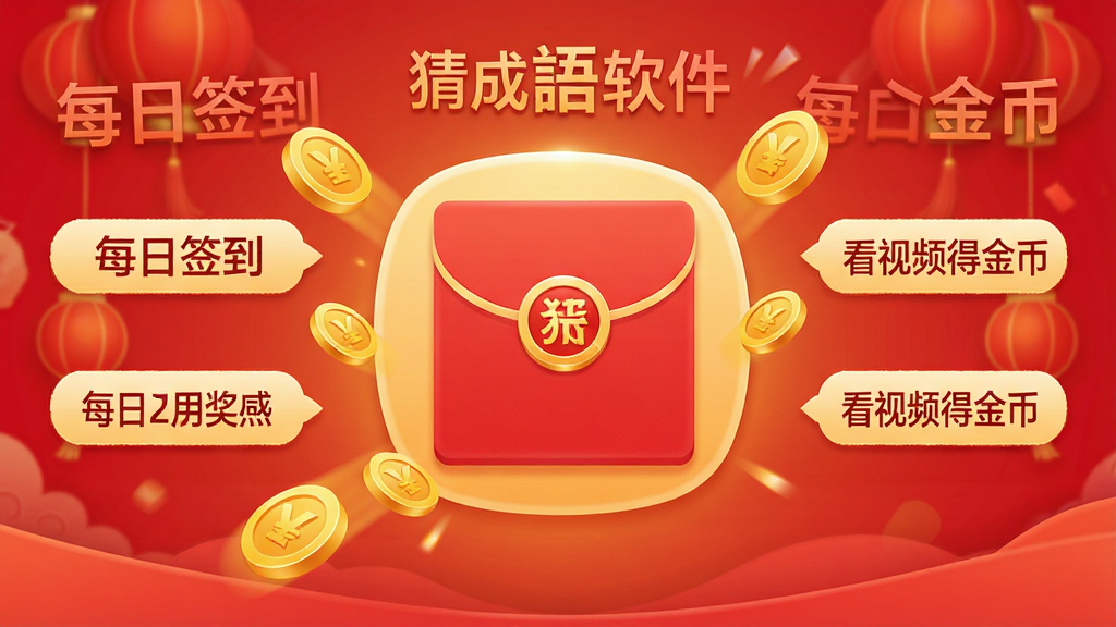一张展示猜成语软件红包奖励页面的图片,画面中央是一个红色信封图标,周围环绕着金币和“每日签到”“看视频得金币”等文字标签,背景为喜庆的红色渐变,风格活泼,画质高清,干净整洁