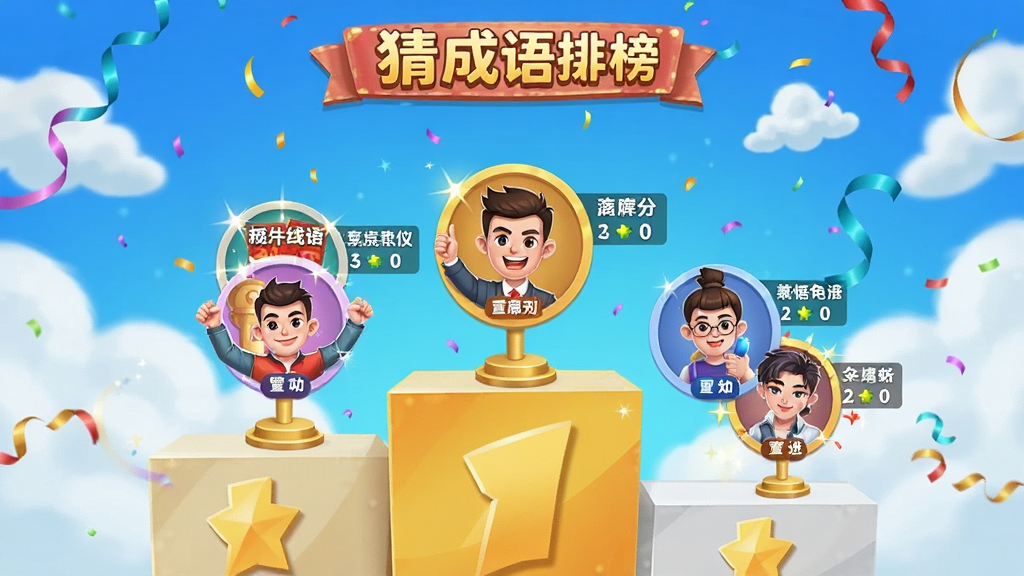 一张展示猜成语软件排行榜界面的图片,画面中显示一个领奖台和多个用户头像,头像旁标注着昵称和积分,背景是蓝天白云和彩带,风格欢快竞技,画质清晰,无杂乱元素