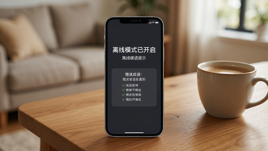 一张展示猜成语软件离线模式提示的图片,画面中一部手机放在木质桌面上,屏幕显示“离线模式已开启”字样和成语题目,旁边有一杯咖啡,背景为居家环境,风格温馨写实,画质高清,构图干净