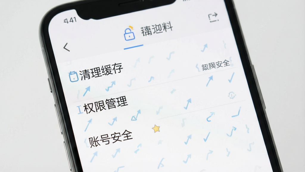 一张展示猜成语软件设置页面的图片,画面中手机屏幕显示“清理缓存”“权限管理”“账号安全”等选项,背景为淡灰色,风格简洁实用,画质清晰,无多余元素