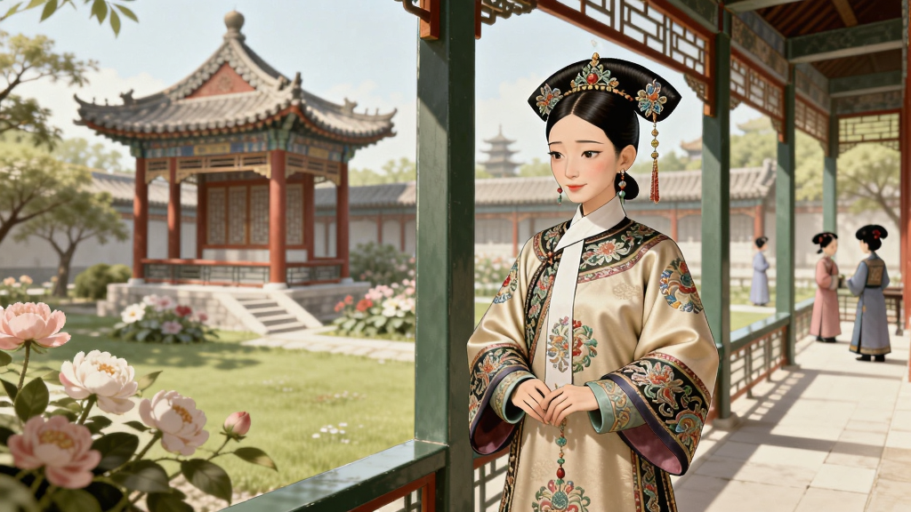 һ���峯��ͥԺ�����Ĳ廭��������һλ���Ż�����װ������վ�ڻ�԰�����У������Ǿ��µ�̨ͤ¥����ʢ���Ļ��ܣ�Զ���ɼ���Ů��Ӱ����Χ�������¡����Ϊ�й��ŷ�Ψ���廭��ɫ����ͣ�ϸ�ڷḻ�����ʸ��壬����ɾ����޶���Ԫ�ء�