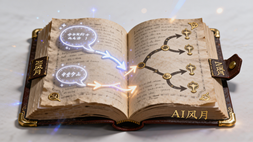 画面展示一本展开的魔法书,书页上浮现出对话气泡和分支路线图,书页边缘有“AI风月”烫金文字。布局为书本居中,四周散发微光。风格奇幻唯美,细节上书页有细腻的纹理和发光箭头。画质高清,干净,无多余元素。