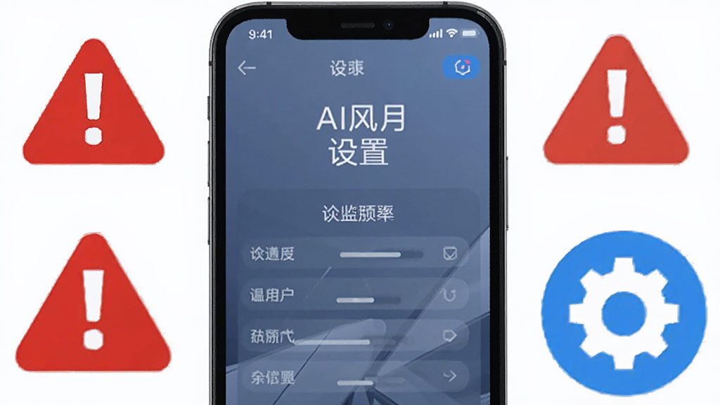 画面为一部手机屏幕显示AI风月设置界面,旁边有红色警告图标和蓝色优化图标悬浮。布局为手机居中,图标环绕。风格为扁平化提示风格,细节上红色图标带感叹号,蓝色图标带齿轮。画质高清,干净,无多余元素。