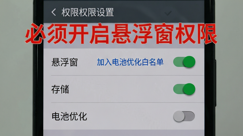 一部安卓手机屏幕特写,显示“权限设置”界面,列表中有“悬浮窗”“存储”“电池优化”三个权限项,其中“悬浮窗”右侧开关为绿色开启状态,屏幕上方有红色加粗提示文字“必须开启悬浮窗权限”,下方有蓝色文字“加入电池优化白名单”,手机背景为深灰色,画面采用正面平视角度,主体为权限设置界面,布局居中,风格为系统设置截图风,细节包括开关的立体感、文字的高亮配色、界面的层次分隔线,画质清晰,干净,无多余元素