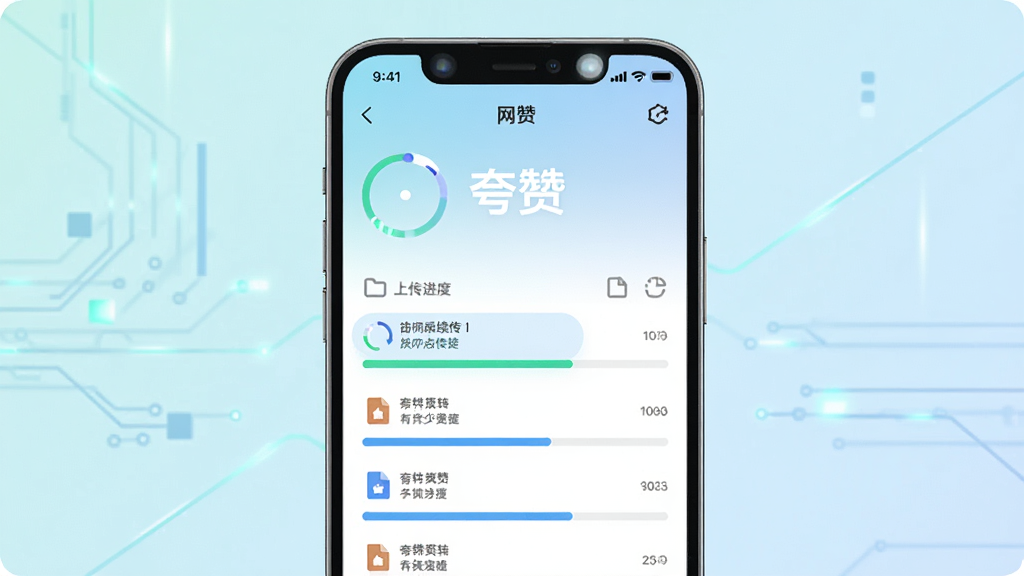 夸赞网盘极速上传功能展示图,画面主体为一部智能手机屏幕,屏幕上显示夸赞网盘的文件上传进度界面,多条上传任务以进度条形式排列,其中一条显示断点续传标识,背景为科技感浅色渐变,布局居中清晰,风格简洁扁平化,细节包含圆形进度指示与文件类型图标,画质高清,干净,无多余元素